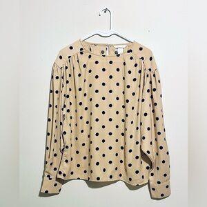 H&M Long Sleeve Blouse Sz S Tan Mocha Black Polka Dot Classic Top